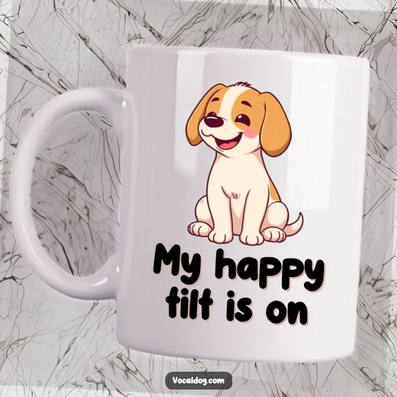 Funny mug showing a dog sitting with its head adorably tilted and a wide, genuine smile, radiating happiness and sweetness for dog enthusiasts.