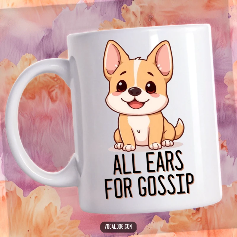 Funny dog mug featuring a happy dog with its ears perked up, listening intently with a cheerful expression.