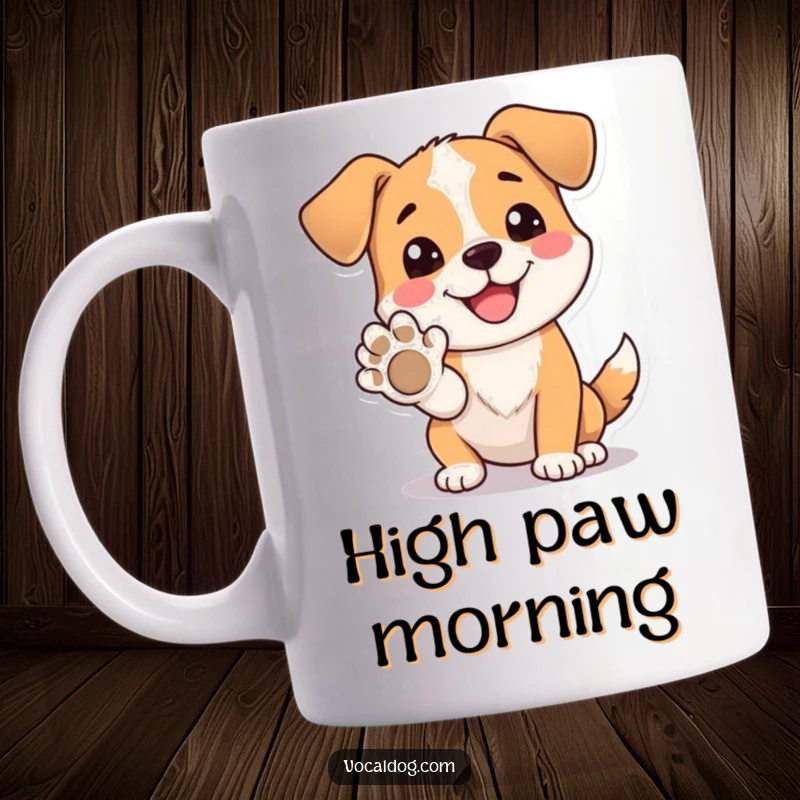 Funny Mug with a dog beaming happily while offering its paw for a high five, symbolizing friendship and joy.