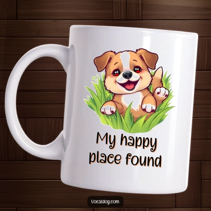 Funny mug showing a happy dog joyfully rolling in vibrant green grass, eyes sparkling with pure delight, a perfect gift.