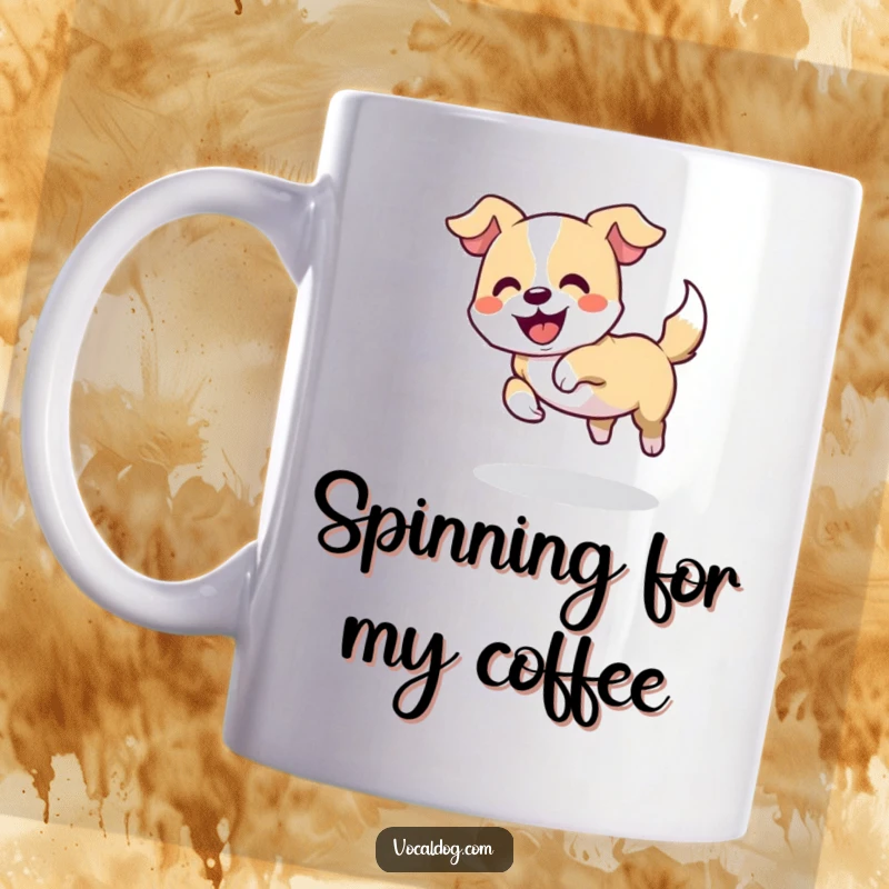 Funny mug showing a dog playfully chasing its tail in a delighted circle, embodying pure, silly joy and fun, great gift.