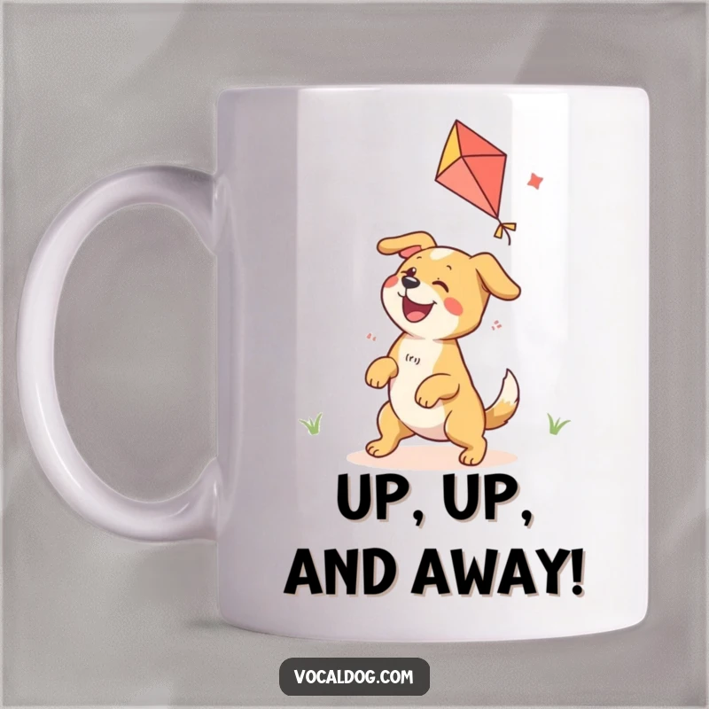 Funny Mug featuring an ecstatic dog character gleefully playing with a vibrant, colorful kite in a joyful outdoor scene.