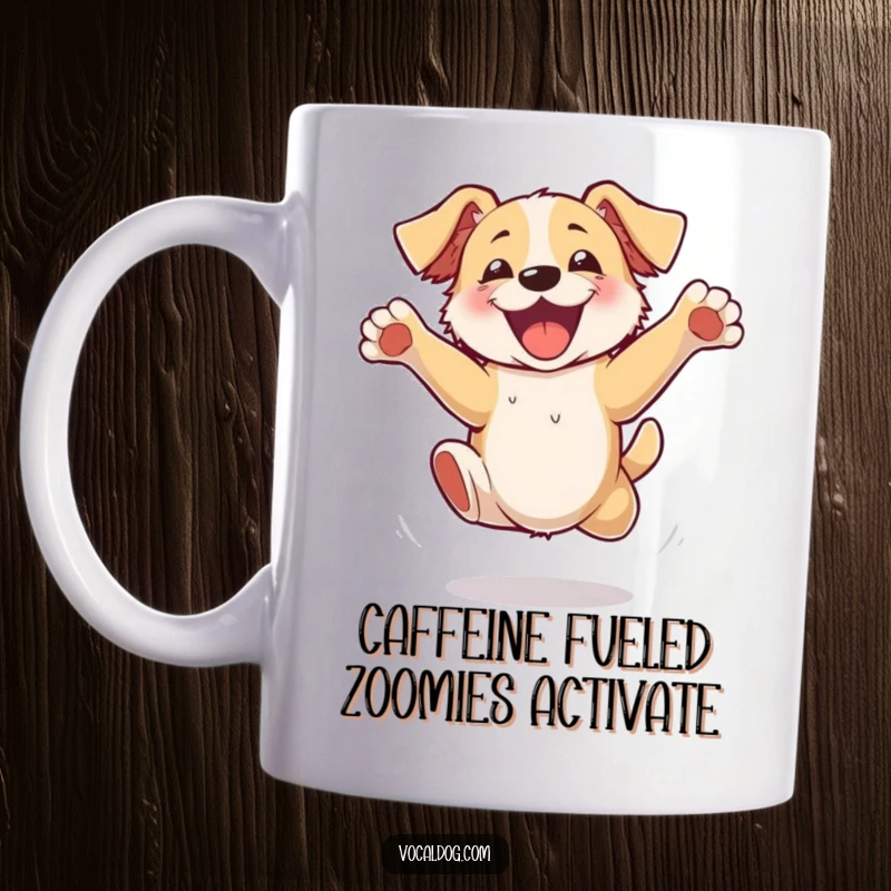 Funny Mug featuring a dog mid-air, jumping with unrestrained excitement and comically flailing paws, radiating pure, hilarious energy.