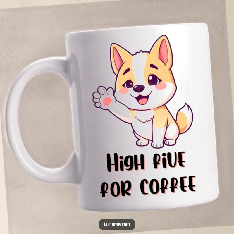 Funny mug with a happy dog character extending an outstretched paw in a friendly, welcoming gesture.