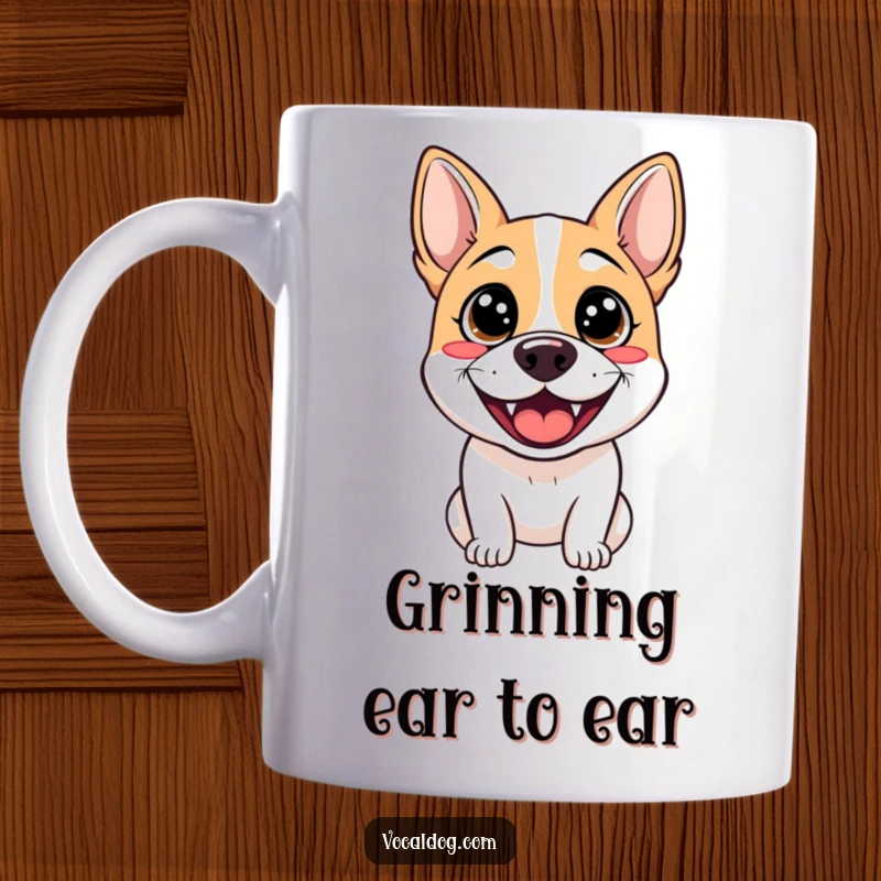 Funny mug showing a dog with wide, sparkling eyes and an enormous, joyful grin, radiating pure happiness and excitement.