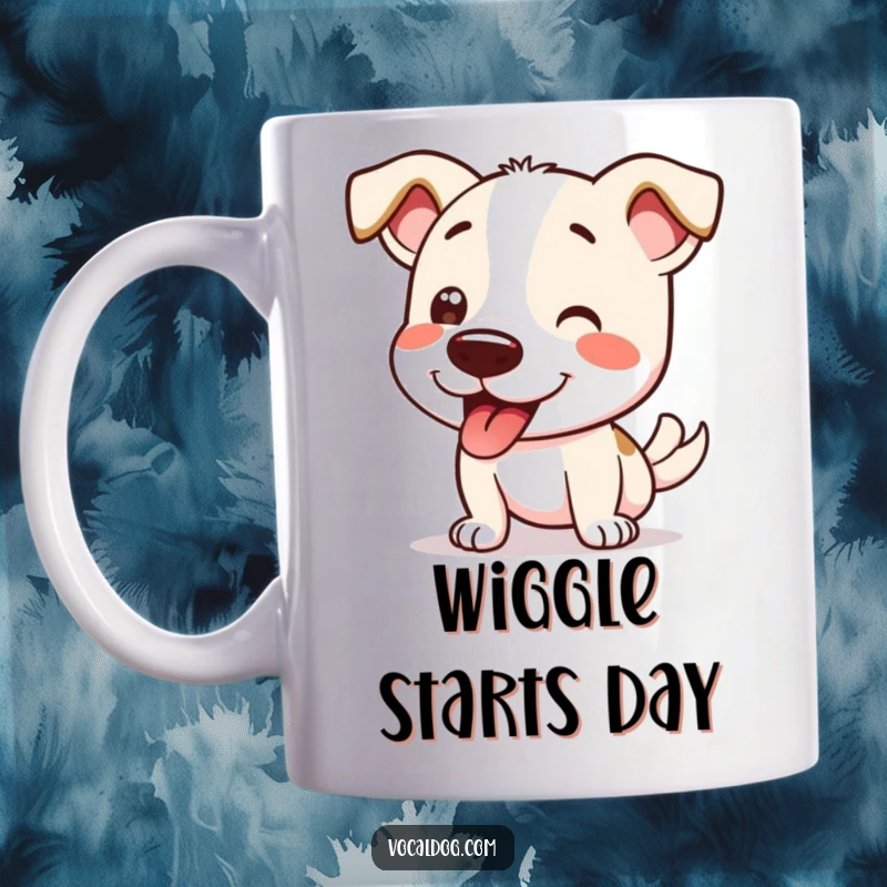 Funny Mug featuring a dog doing an enthusiastic wiggle from nose to tail, radiating pure happiness and excitement.