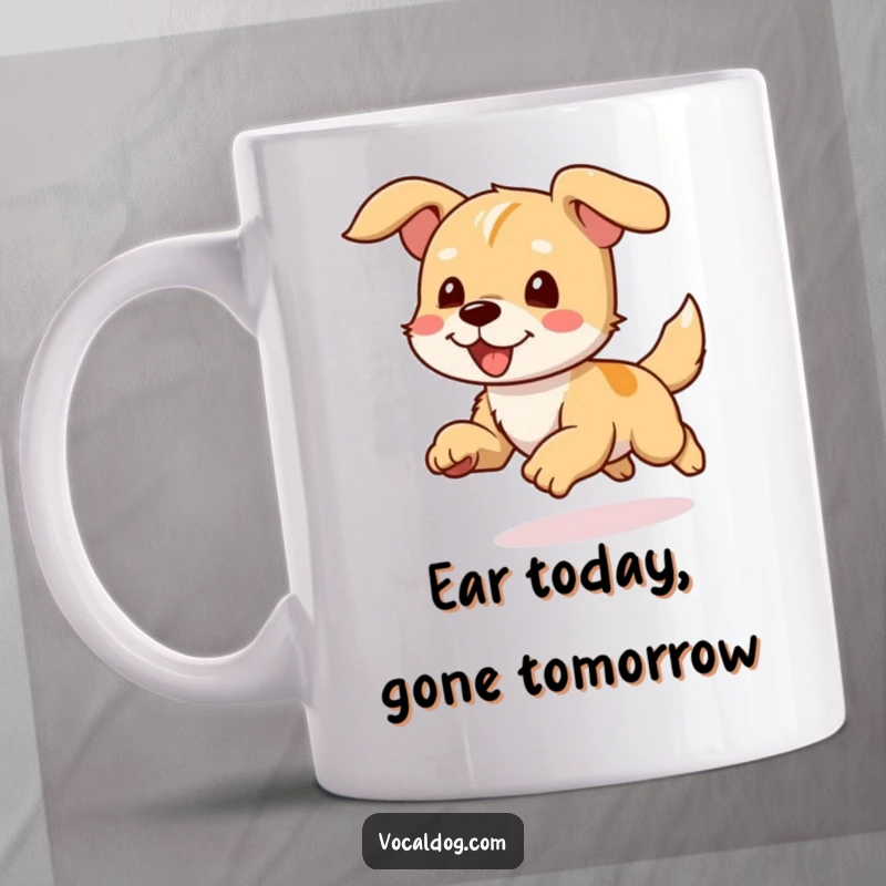 Funny Mug showing a dog character running with its ears joyfully flapping in the wind, conveying pure freedom.