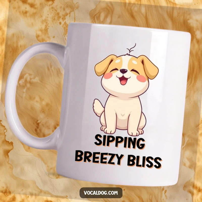 Funny Mug showing a happy dog with its head tilted up, peacefully enjoying a gentle, refreshing breeze.