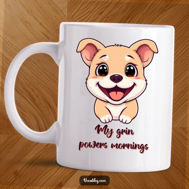 Funny Mug featuring a happy dog with big, sparkling eyes and a wide, infectious grin, radiating pure canine joy.