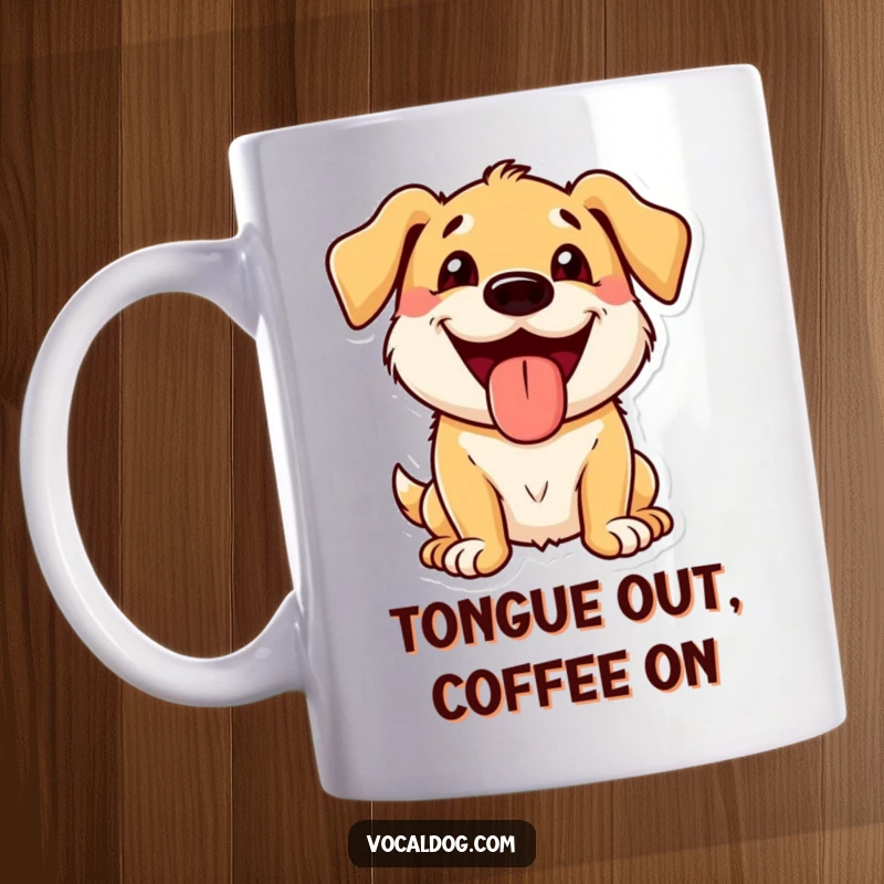 Funny Mug showcasing a dog character with a wide, beaming grin and its tongue hanging out playfully.