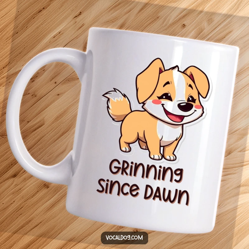 Funny mug showcasing a dog character with a wide goofy grin and a tail blurred from fast wagging, radiating happiness.