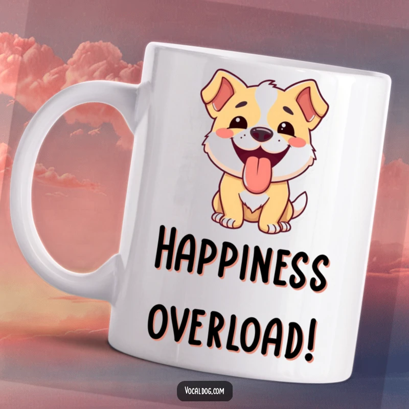Funny dog mug featuring a happy dog smiling broadly with its tongue hanging out, brimming with joy.
