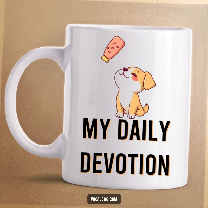 Funny mug showing a dog character gazing upwards with intense adoration at a floating treat, highlighting pure desire.
