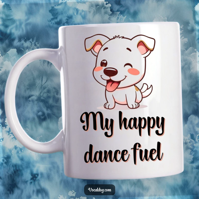 Funny mug featuring a dog character doing a full-body happy wiggle, conveying pure canine excitement and joy.