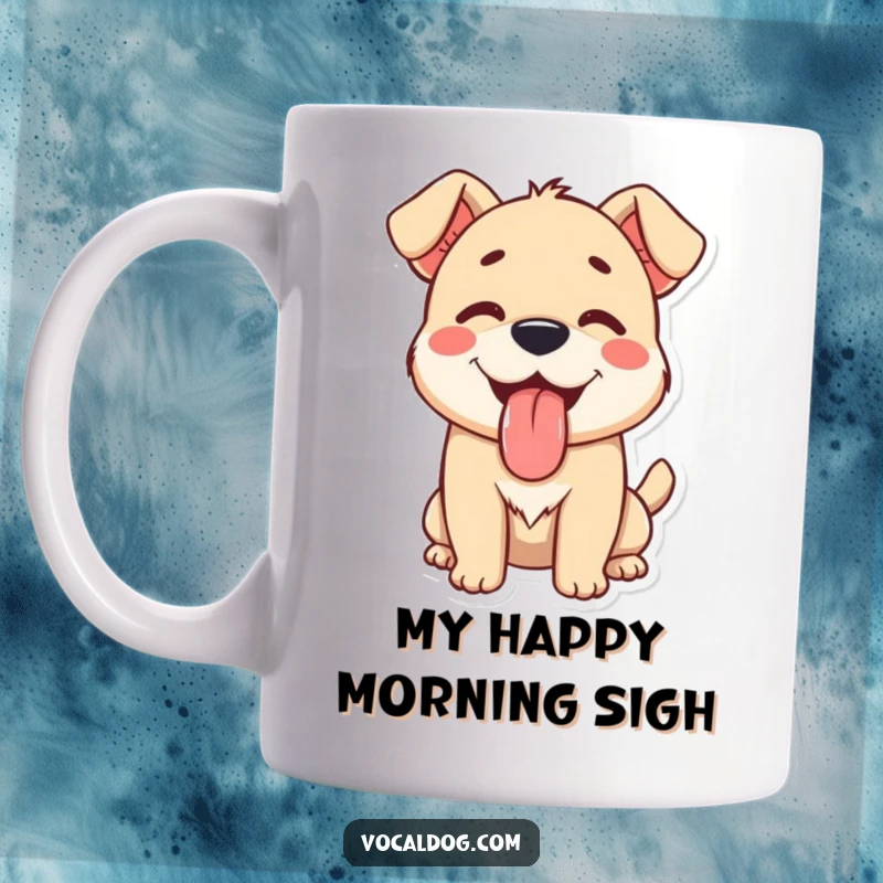 A happy dog character with its tongue lolling out, radiating pure contentment and joy on this funny mug.