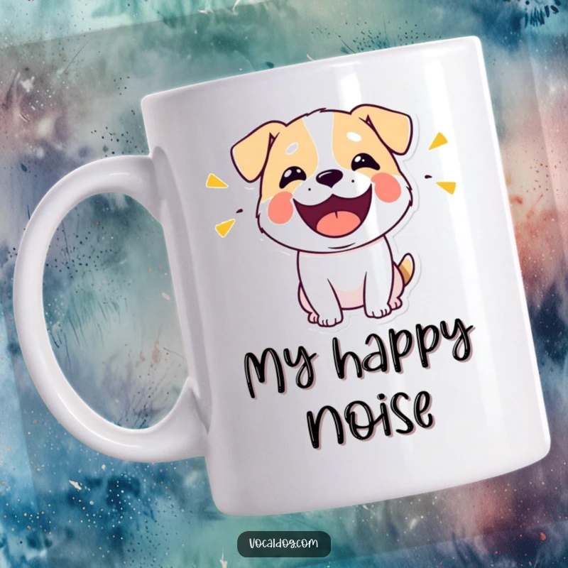 Funny mug featuring a stylized cartoon dog with its mouth wide open, joyfully emitting colorful musical notes.