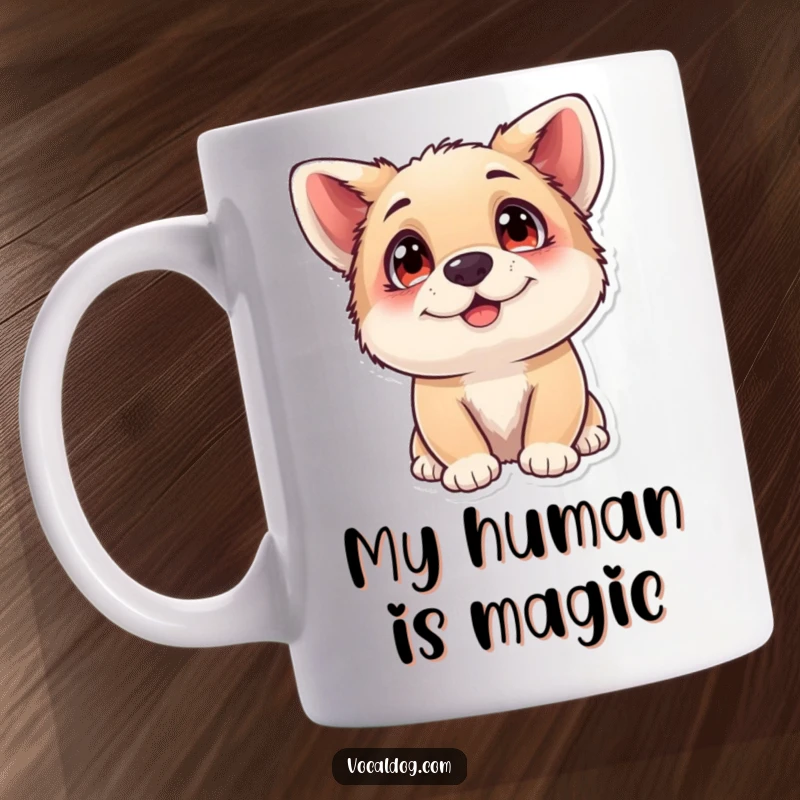 Funny Mug featuring a happy dog looking up with totally adoring eyes, radiating pure canine bliss and infectious happiness.