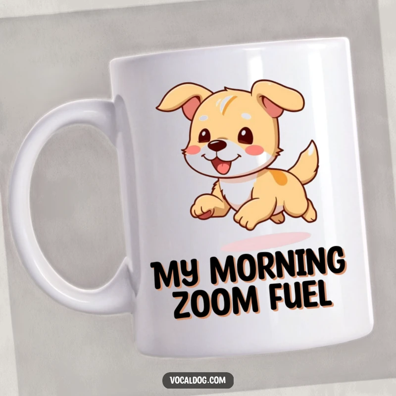 Funny mug showing a dog character running with its ears flapping joyfully in the wind, conveying pure exhilaration.