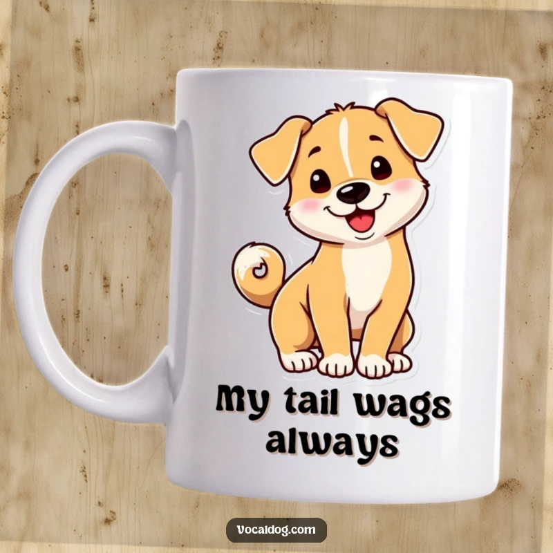 Funny dog mug featuring a playful dog with its tail curled into a happy, energetic spiral.