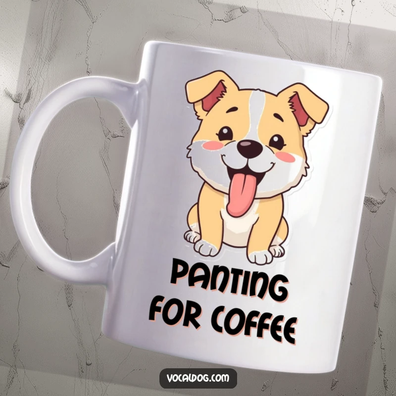 Funny mug showcasing a happy dog with its tongue lolling out, panting contentedly, symbolizing pure joy and exertion.