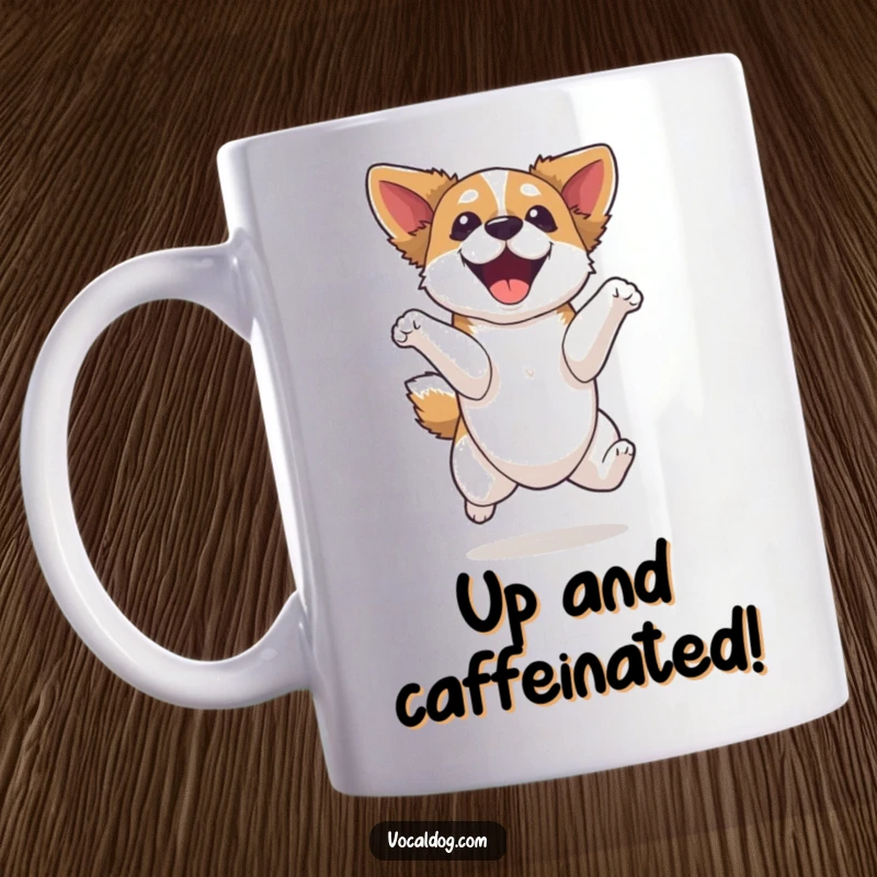 Funny dog mug, mid-air leap with pure elation on its face and body, showcasing extreme joy and energetic excitement.