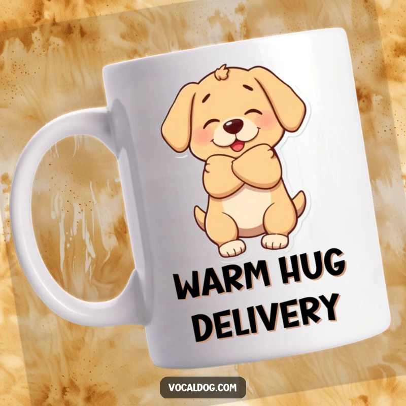 Funny mug depicts a dog character giving a big, warm, enveloping hug, full of love and canine affection.