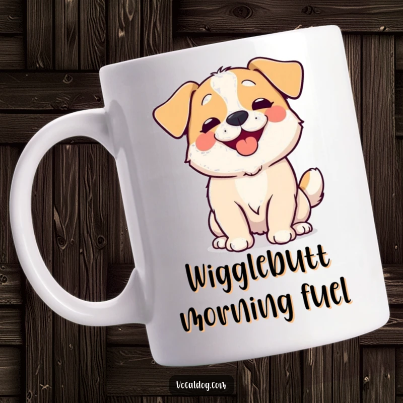 Funny Mug showing a dog wiggling its entire body with overwhelming happiness, radiating pure, contagious joy.