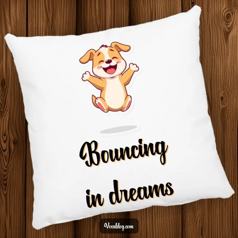 Funny pillow featuring an excited dog bouncing on its hind legs, embodying pure joy and energy. Soft and cuddly.