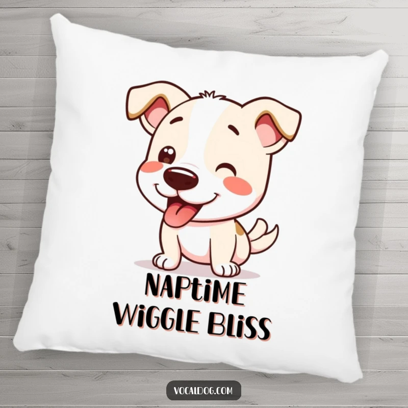 Funny Pillow with a dog performing an ecstatic wiggle from nose to tail, embodying pure joy and happiness.