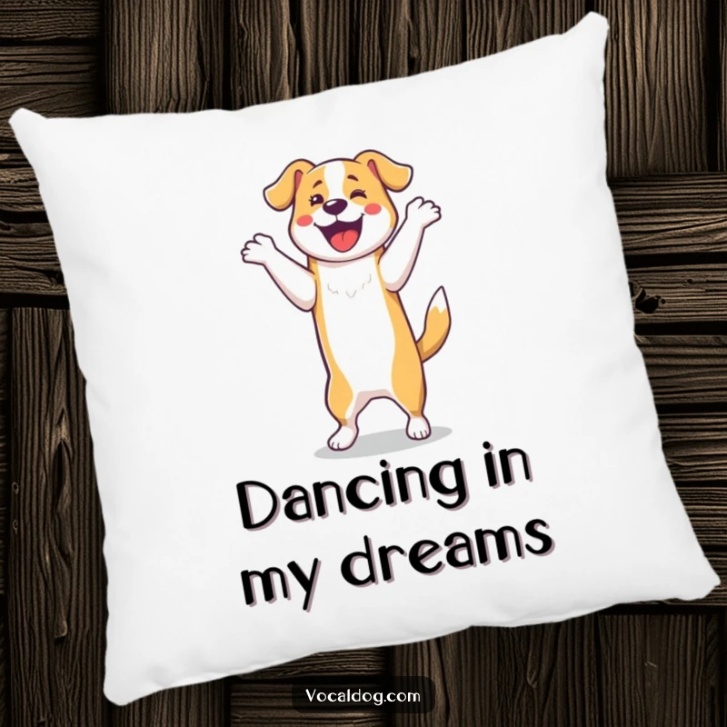 Funny Pillow: A dog performs an energetic happy dance on its hind legs. This soft and funny pillow brings pure joy.
