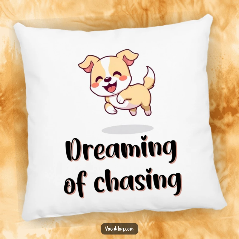 Funny pillow design of a dog playfully chasing its tail in a delighted circle, embodying pure canine fun and silliness, decorative cushion.