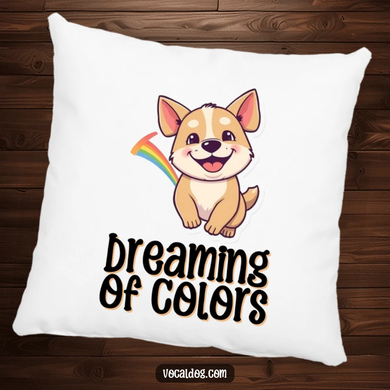 Funny Pillow featuring a dog with a wide goofy grin, chasing a vibrant rainbow, bringing playful energy.