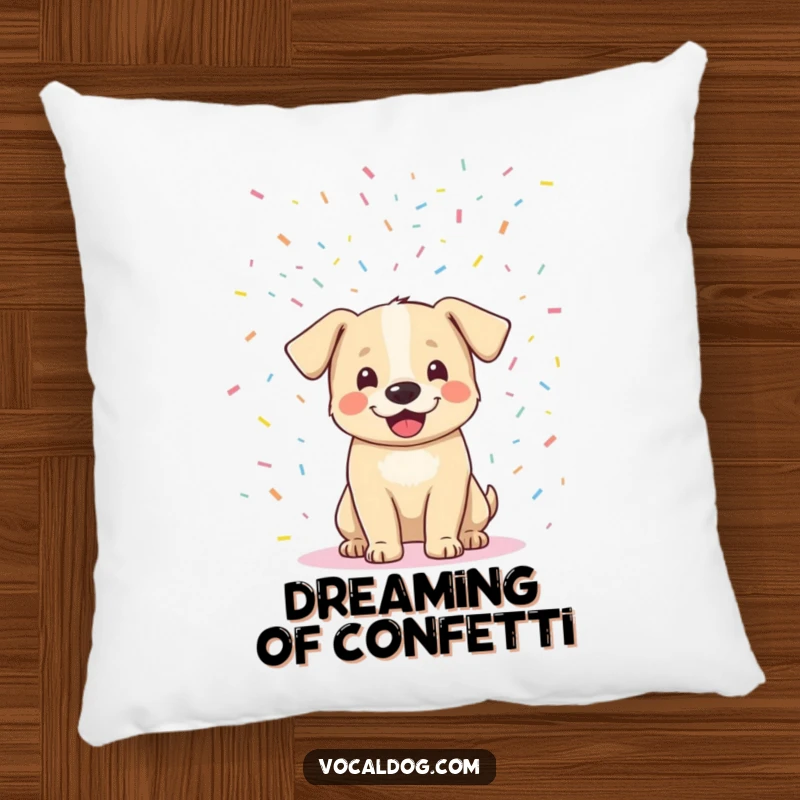 Funny dog confetti pillow featuring a joyful dog covered in colorful confetti, bringing a touch of celebration and humor to any space. Ideal funny gift.