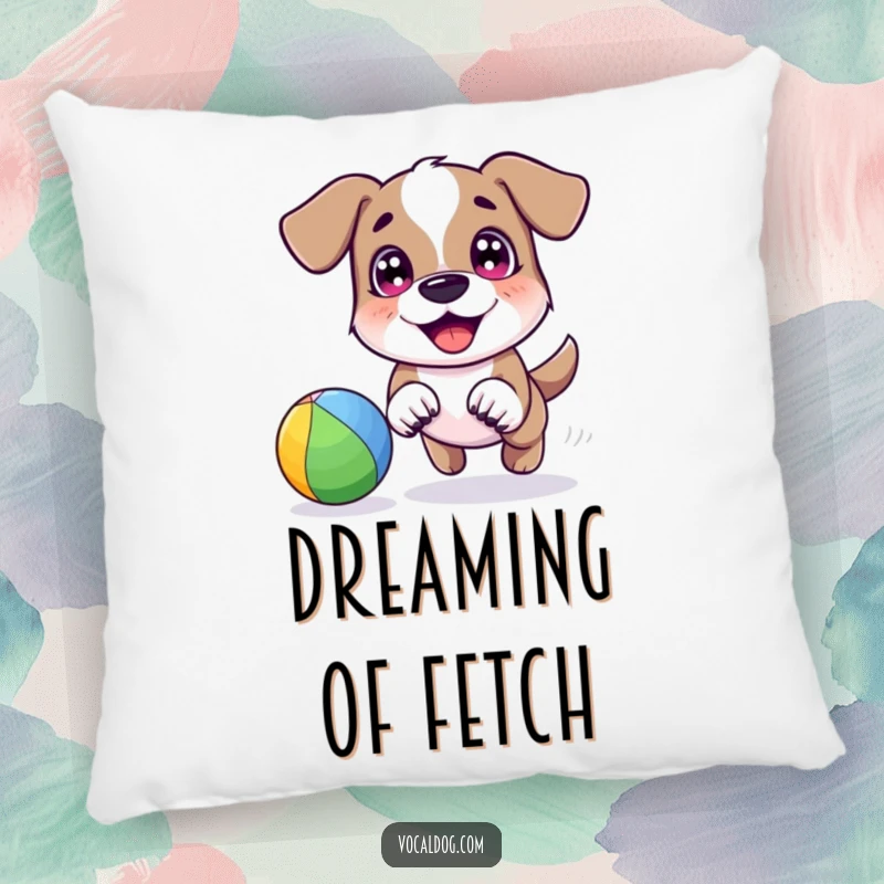 A happy dog character joyfully chasing a bright rainbow-colored ball with wide eyes, creating a fun centerpiece on this soft pillow.