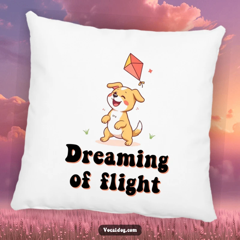 Funny pillow featuring a dog character joyfully playing with a colorful kite, perfect for adding fun.