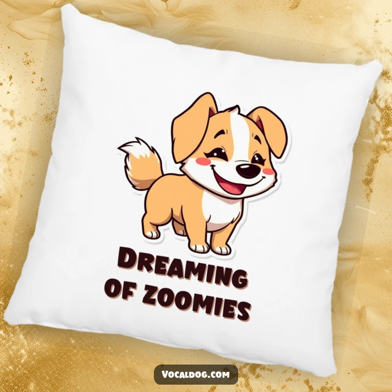 Funny pillow showcasing a dog character’s wide goofy grin and a tail blurred from energetic, happy wagging.