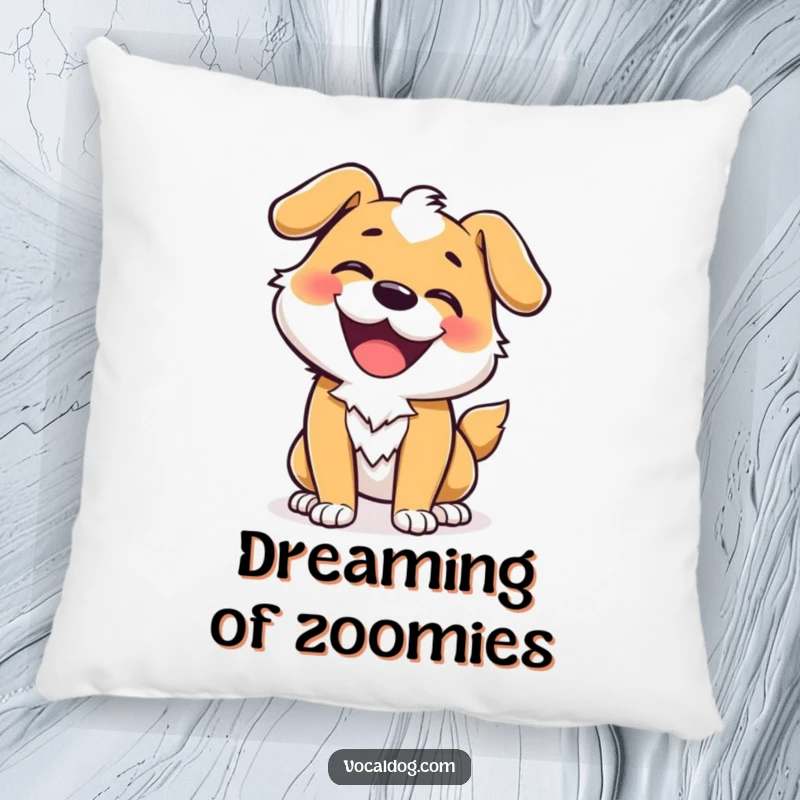 Funny pillow with a cute design of a dog doing an ecstatic wiggle, full of vibrant energy and happiness.