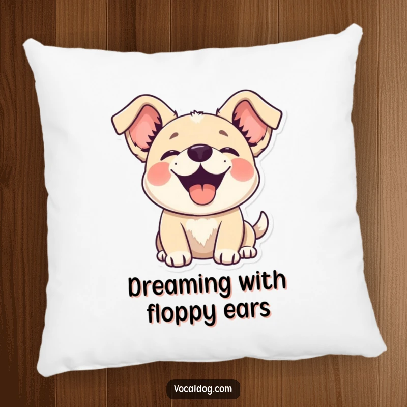 Funny dog pillow featuring a happy dog with ears flopping joyfully upwards, bringing comfort and cheer.