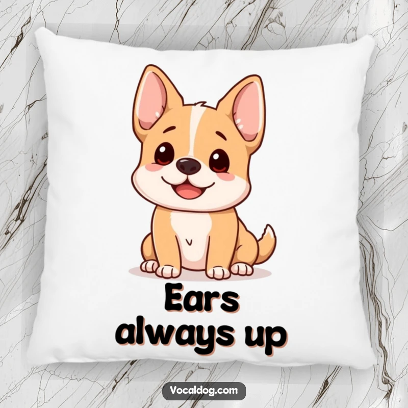 Funny dog pillow featuring a happy dog with its ears perked, listening intently with a sweet and cheerful expression.