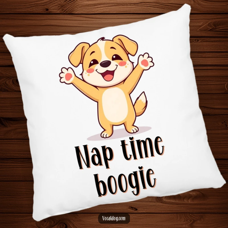 Funny Dog Pillow: A soft decorative cushion featuring a happy dog character joyfully dancing with its front paws raised high in the air.