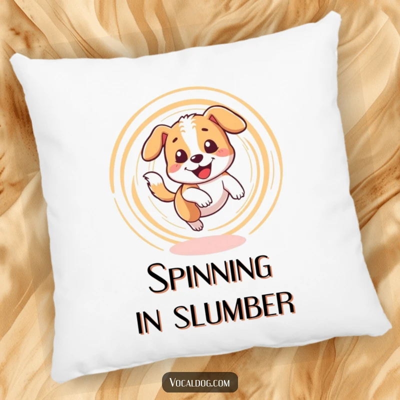 Funny pillow featuring a dog character happily spinning in a dizzy circle while chasing its tail. Soft and fun.