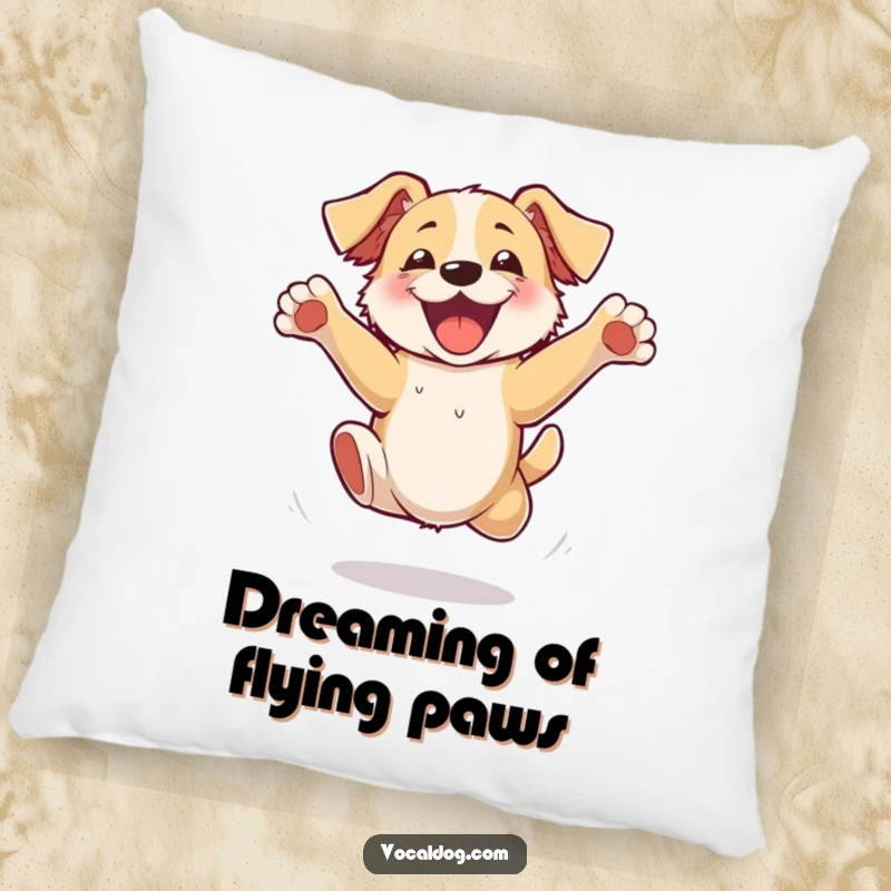 Funny Pillow featuring a dog jumping with hilarious excitement, its paws comically flailing, perfect for adding comfort and humor.
