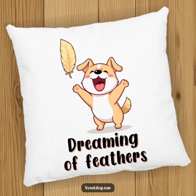 Funny pillow showcasing an excited dog barking and jumping joyfully towards a floating feather, capturing playful pursuit.