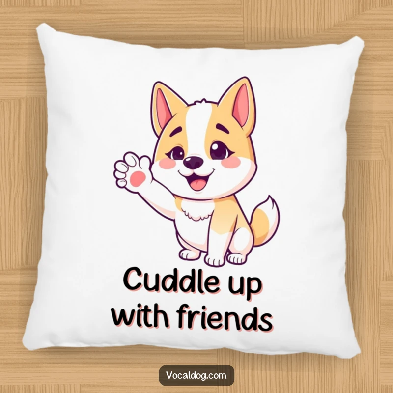 Funny pillow featuring a happy dog character extending an outstretched paw, symbolizing friendly comfort and warmth.