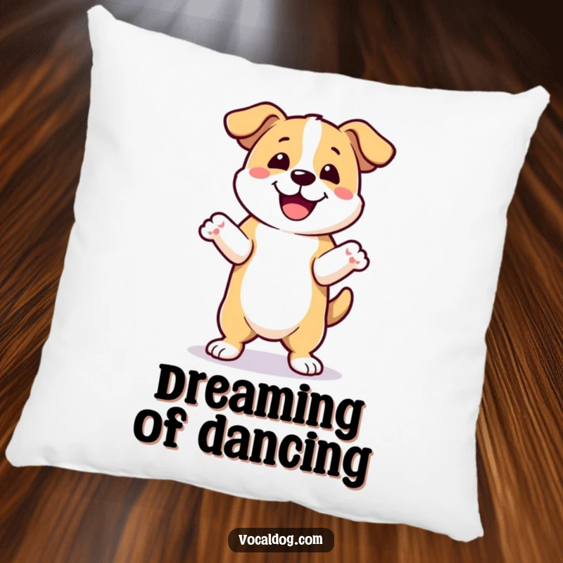 Funny happy dance dog pillow featuring a dog joyfully dancing with front paws up, providing comfort and radiating pure fun. Ideal funny gift.