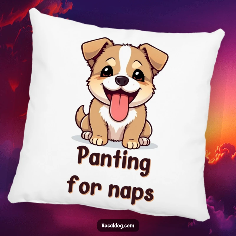 Funny pillow featuring a happy dog panting with its tongue lolling out, embodying pure joy and cozy comfort.