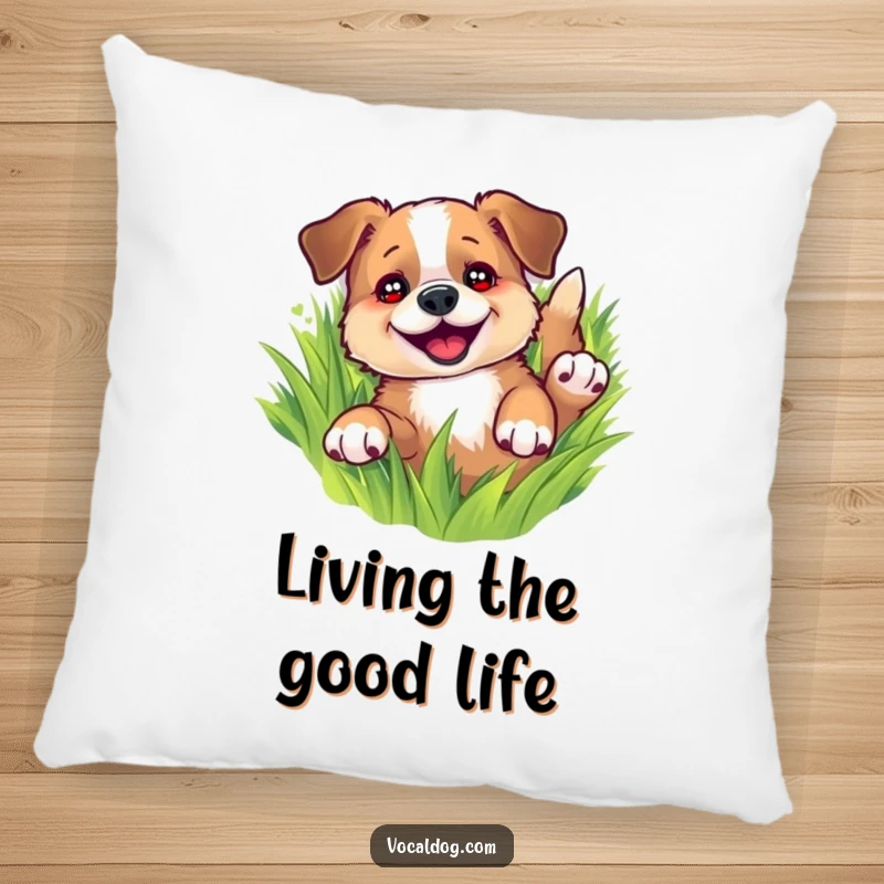 Funny pillow design of a dog joyfully rolling in vibrant green grass, eyes sparkling, embodying pure doggy bliss, decorative cushion.