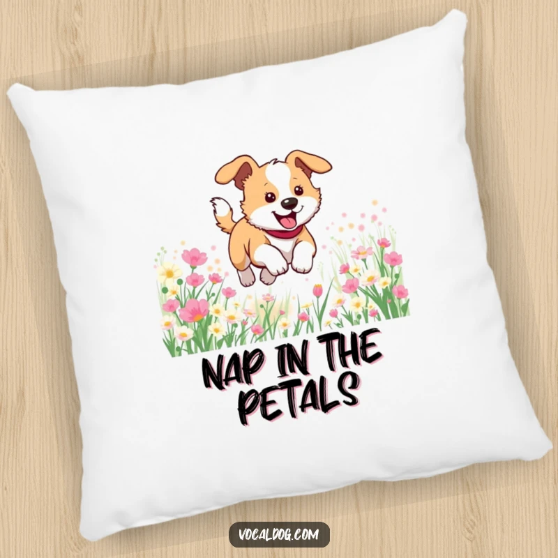 Funny pillow featuring a dog joyfully bounding through a field of flowers, offering comfort and a burst of happiness.
