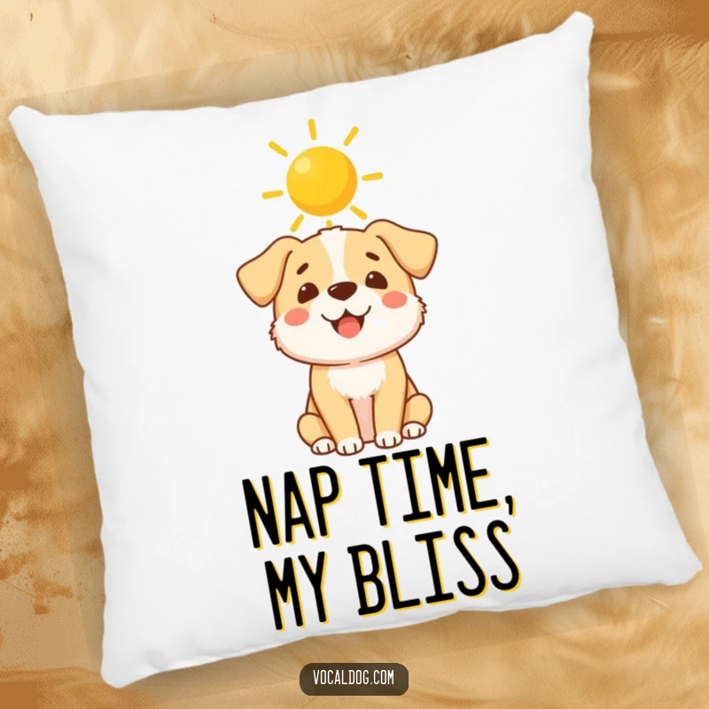 Funny Pillow: A soft cushion featuring a cheerful dog with a divine sunshine halo, radiating pure, comforting happiness.