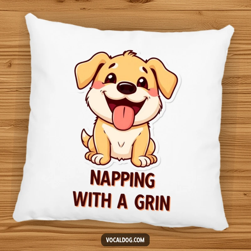 Funny Pillow featuring a dog character with a wide, beaming grin and its tongue out, offering comfort and humor.